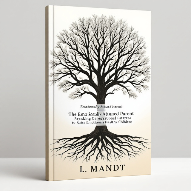 A large oak tree centered on the book cover with bare branches stretching upward and long roots extending downward. The tree creates a strong, symmetrical visual balance. The background is a gradient of soft white blending into pale beige, evoking warmth and calm. The roots of the tree subtly intertwine to form intricate patterns, symbolizing the complexity of generational ties.