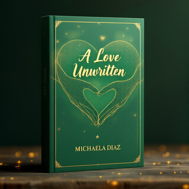 A heart-shaped gradient blends green and gold hues, symbolizing love and connection. The background features subtle overlapping silhouettes of intertwined hands in golden outlines with faint green undertones, forming a harmonious and emotional scene. A thin golden border frames the cover, adding elegance.