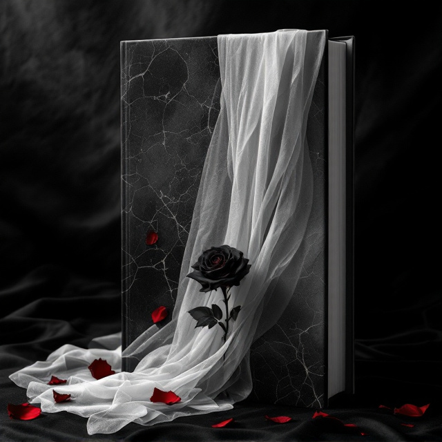 A rich, white bridal veil cascades dramatically over a cracked marble surface, partially obscuring a single black rose placed at the center. Deep red petals are scattered unevenly around the composition, adding an element of chaos and danger. The backdrop is textured black velvet with subtle shadows, evoking depth and luxury. The interplay of shadows creates a seductive, ominous atmosphere.