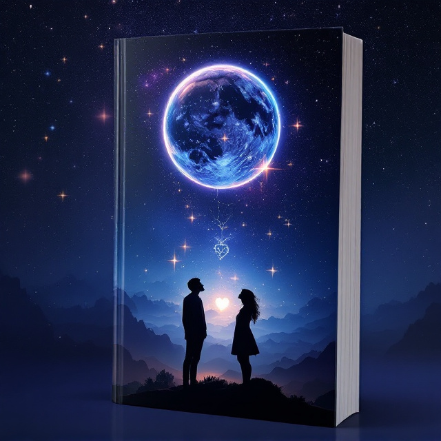 The cover begins with an expansive, star-filled night sky in dark indigo hues, with faint hints of cosmos in purples and blues, and scattered shimmering stars in gold and silver tones. A glowing, second Earth looms in the upper center, tilted for an artistic perspective, with soft swirling clouds and a subtle warm glow indicating hope and livability. In the foreground, Ethan’s silhouette stands slightly off-center, gazing upward at the stars, illuminated by a gentle light that outlines him with warmth. To his left, Lily’s shadowy figure is ethereal, almost blending with the shadows in the lower portion of the cover. Between the two figures, intertwined stars faintly form a soft, almost-hidden heart-shaped constellation. Below Ethan, a floating photo or locket subtly glimmers—its presence subtle yet sentimental. The overall cosmic background adds depth, while the sense of longing and nostalgia is emphasized through the contrast of cold space and warm illumination.