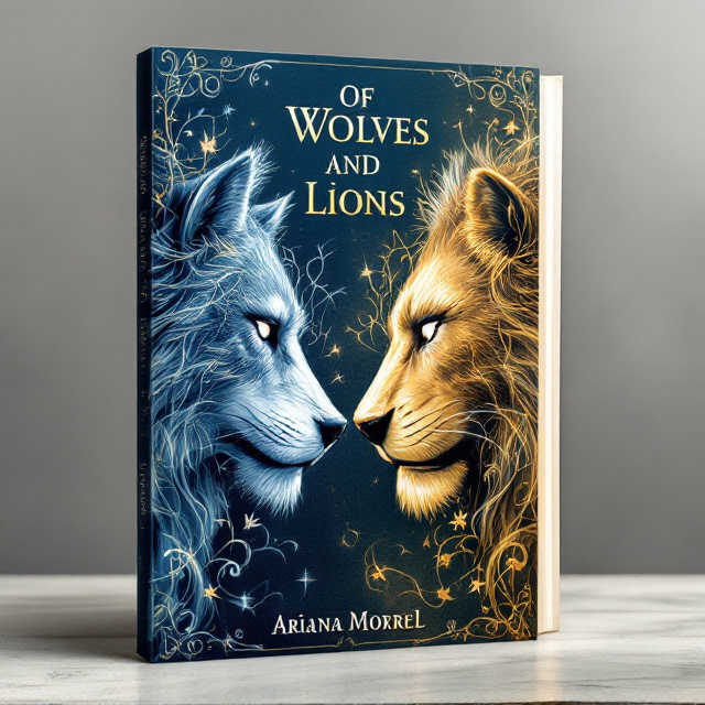A pencil-drawn wolf mask and a lion mask face each other at a slight diagonal angle, positioned at the center of the cover. The wolf mask is shaded in cool blue tones, while the lion mask is shaded in golden hues, with delicate, intricate designs and textures suggesting their respective animals. The background consists of soft, swirling gradients of deep navy blue and muted gold, evoking a sense of fantasy and conflict. Subtle flourishes, like wisps of smoke or wind, emanate from the masks, intertwining between them, symbolizing their complex bond and evolving relationship.