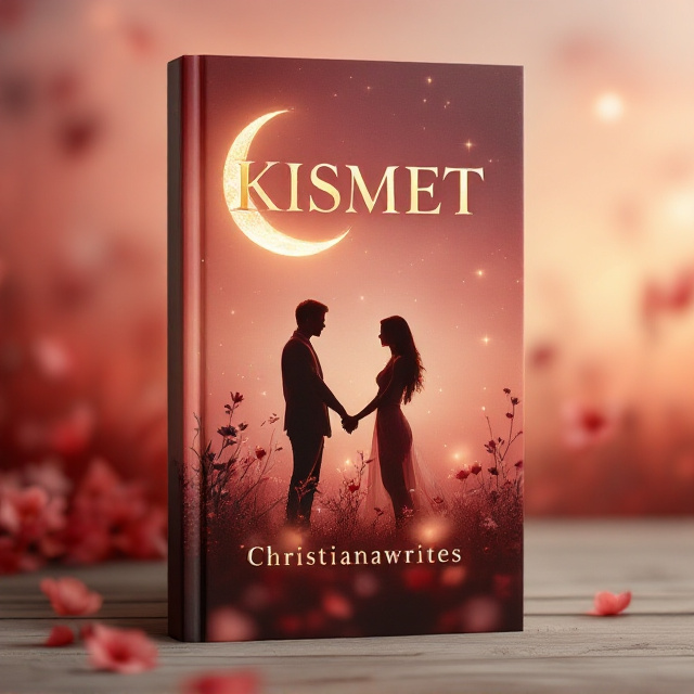 A soft, romantic background featuring a subtle blend of red hues, with a glowing crescent moon hanging in the corner of the cover. In the center, two silhouetted figures almost touching hands, standing in an open field with gentle hints of flowers around their feet. The atmosphere captures the emotions of love and longing, with warm accents of light around the figures to add an ethereal quality.