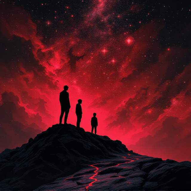 The cover features a gradient night sky transitioning from deep red to black, with stars and faint nebulas giving an ethereal atmosphere. The silhouettes of three human figures are staged in the foreground the tallest in the center, the shortest on the left, and the second tallest on the right. They stand atop a rocky cliff, gazing into the distance. Beyond them, swarming in the night sky, are shadowy, ominous creatures depicted in a surreal yet abstract style a man made of mist, the black shuck (a ghostly dog), a "not deer," and a shadowy demon. The figures are positioned as if bracing for something remarkable and terrifying. The ground beneath them is rugged and textured, with cracks glowing faintly in red.