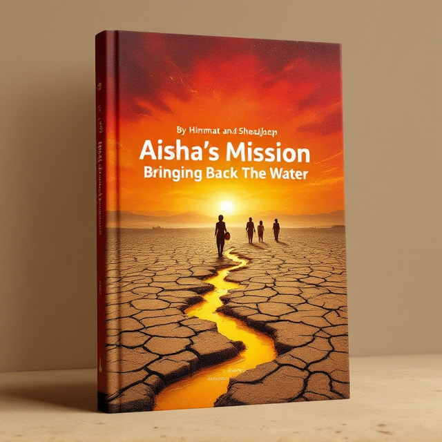 A cracked and parched village ground in Baga Sola, Chad stretches across the cover, emphasizing the desolation of the dry land. In the distance, a group of villagers is faintly visible, holding empty vessels, staring toward the horizon with expressions of desperation and hope. The sky is a fiery gradient of reds and oranges, signifying both the oppressive heat and the tension of the narrative, while a faint stream of water symbolizes hope in the foreground, shimmering yellow under the fiery sky.