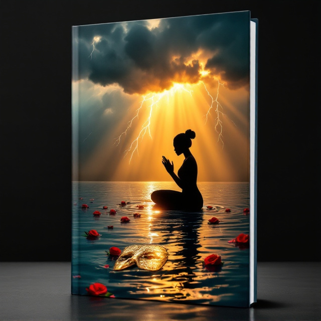 A silhouetted woman kneeling in a prayer pose is centered at the lower midsection of the cover, facing slightly toward the upper right corner. Above her, dark storm clouds dominate the top third of the cover, accented with streaks of lightning to symbolize tumultuous trials. Rays of golden sunlight pierce through the storm clouds, cutting diagonally across the scene to bathe the kneeling woman in warm light. At her knees, the water appears rippled and reflective, capturing the interplay of light and darkness. Floating in front of her is a gold mask with intricate cracks, mending with luminous golden light inspired by kintsugi. Red and pink roses gently scatter across the water, leading the viewer's eye outward. The ripples in the water transition subtly from turbulent toward a calmer, serene pattern near the bottom. Shades of indigo, deep ocean blue, and warm aqua tones dominate the cover, with the golden light uniting the top and bottom halves.
