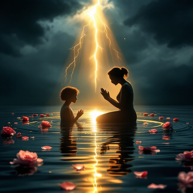A silhouetted older woman kneels in the center of the cover in prayer pose, placed slightly toward the lower third of the frame. Her reflection in rippling water directly below her depicts her younger teenage self, visibly displaying contrasts in posture and hair shape. Behind the woman, dark storm clouds dominate the upper third, with streaks of lightning visible. Golden rays of sunlight pierce through the clouds, forming a descending beam that gently lights both the woman and her reflection. A beautiful Venetian mask floats off to the left side in the water, mending with glowing golden cracks. Scattered across the water are crimson and soft pink roses – some fully bloomed, others budding – and loose rose petals creating gentle ripples. The background transitions from turbulent waters to calming blues near the edges, symbolizing healing. Volumetric lighting highlights the sunbeam while subdued shadows dramatize the storm and water ripples.
