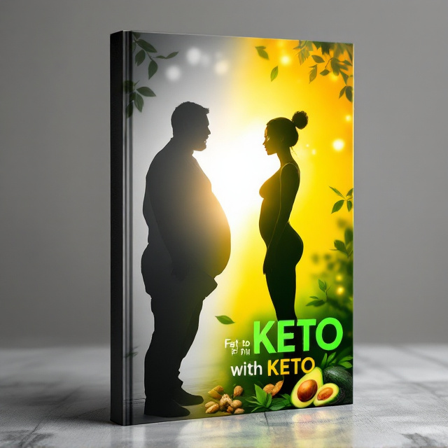 A radiant and transformative visual featuring a journey from shadow to light. The left side of the cover depicts a faint silhouette of a person in a heavy posture in grayscale, gradually transitioning into a vivid, slimmer, and more energetic version of themselves on the right side. The background fades from a neutral gray on the left to a bright, vibrant yellow and green gradient on the right, representing vitality and health. A soft glow emanates from the "fit" version of the person on the right. Keto symbols like avocados, nuts, and leafy greens are subtly embedded in the vibrant area, creating texture.