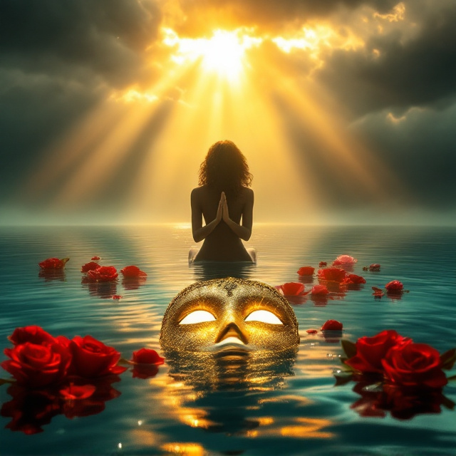 A silhouetted woman is placed kneeling in a prayer pose at the center of the design, her silhouette softened by the golden beams of light breaking through ominous storm clouds above her. Surrounding her, water spans the lower canvas, rippling gently while red and pink roses float upon its surface. A shimmering, crystal-embellished gold mask with visible mended cracks glowing with golden light floats in front of the woman, partially submerged in the water. The turbulent sky transitions seamlessly into calming aqua hues reflected in the water, symbolizing the journey from trauma to healing. The golden sunlight cascading from the top left creates a divine path, highlighting the woman and symbolizing transformation.