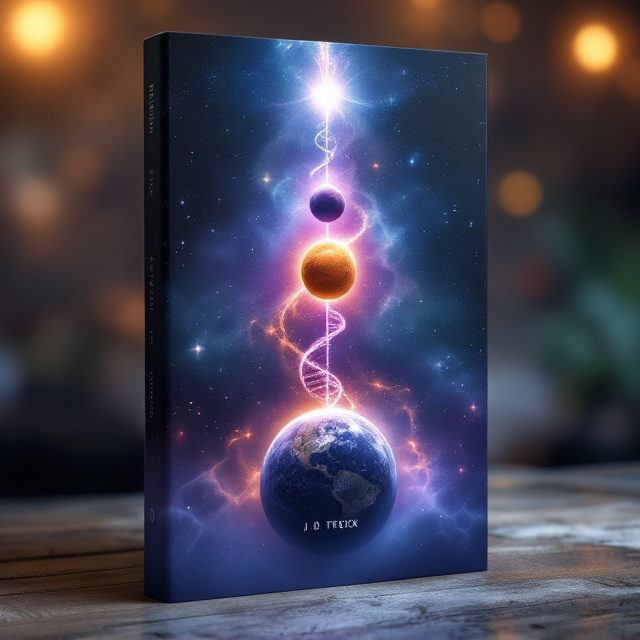 The cover features a cosmic scene with a grand, sweeping view of outer space. In the center, three planets are vertically aligned from the largest at the bottom to the smallest at the top. The largest planet, a grey Earth-like sphere, is textured with continents and faint cloud formations. Above it, a reddish-golden desert planet sits aglow, and the smallest, blue-green Earth-like planet glimmers faintly at the top. A strand of DNA, bioluminescent in purple-blue hues, spirals upward through the vertical axis of the planets, with its tip dissolving into a speck of white, radiant light just above the smallest planet. In the background, a brilliant yellow sun dominates the left side, while on the right, a smaller, cooler blue sun casts an ethereal glow. A faint nebula sweeps across the backdrop, highlighting the drama and mystery of the scene.