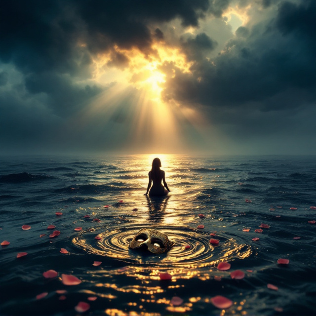 A lone woman’s silhouette kneels at the central threshold where stormy indigo waters meet a serene golden-hued calm. Above her, deep slate storm clouds are splitting open with soft rays of dawn breaking through, casting subtle warm golden light onto the choppy waters. The light creates a luminous path of gold leading directly to her. Near her, in the rippling water, an ornate vintage Venetian mask lies partially submerged, highlighted by the light. Delicate rose petals (deep red blush transitioning to pink) drift across the water in soft ripples that fade into calmness.