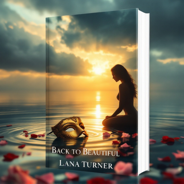 The cover features a woman's silhouette in profile, kneeling slightly off-center on the right, facing the golden light of the eastern sunrise. The foreground contains an ornate golden Venetian mask, placed delicately on the water's surface just a few inches from the woman's knees. Ripples radiate outward from the mask, creating a sense of motion and calm simultaneously. The sky highlights deep indigo-to-slate storm clouds above the woman, but they begin to part, allowing streams of radiant golden sunlight to break through, creating a peaceful glow. The water reflects this golden light, transitioning into calm aquas and blues. Scattered rose petals in varying shades of crimson and soft pink drift gently on the water's surface, adding a touch of vulnerability and beauty amidst the serenity.