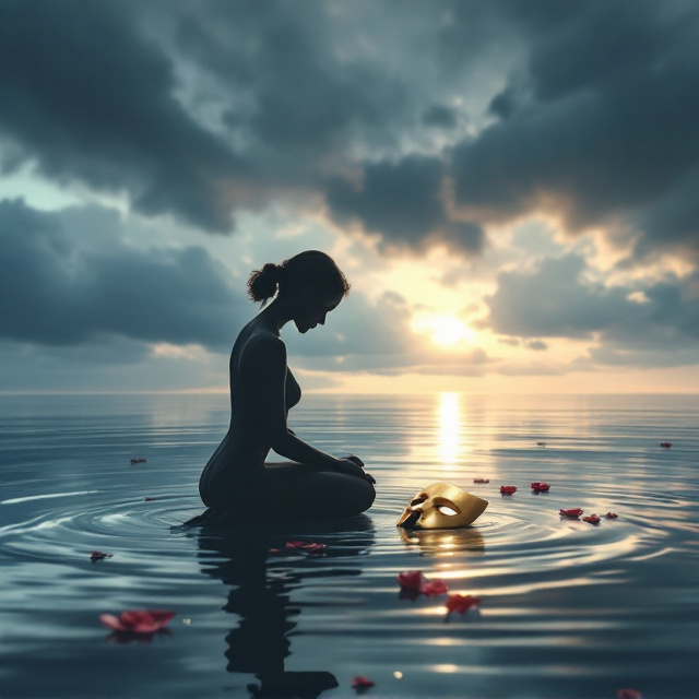 A woman's silhouette kneeling in profile, slightly off-center to the right, facing the soft eastern dawn as if in prayer. Her head is bowed, and her figure is embraced by gentle yet dynamic outlines to clearly portray the vulnerability of her posture. The golden Venetian mask is at her knees, floating on the water's surface with ripples emanating from it. Storm clouds in deep indigo and slate gray hover above, gradually shifting, exposing the radiant sunrise. Gentle rays of light create contrast between the distant storm and the illuminated water, on which a few rose petals float naturally, carried by serene ripples.