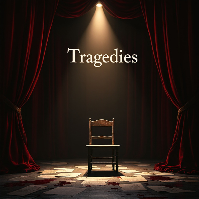 The background features a dimly lit stage with heavy, crimson velvet curtains subtly parted, revealing an old wooden chair under a single spotlight. Scattered scripts with dramatic ink stains are faintly visible on the stage floor. The overall design employs a muted palette of deep reds, blacks, and subtle gold highlights to evoke intensity and drama.