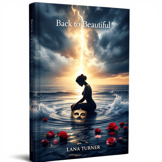 A striking depiction of a woman's silhouette kneeling at the threshold of a tranquil water scene, mid-center. Her posture is symbolic, bowing slightly, but her shoulders suggest a resolute strength. Storm clouds of indigo and slate dominate the upper thirds of the cover, but a soft yet distinct beam of golden dawn light breaks through, directing the viewer’s eye to her. The mask—ornate and Venetian-style—is artistically placed near her knees, partially submerged in the water. The rippling effect around the mask transitions from chaotic to serene, guiding the imagery. Scattered roses, from rich crimson near the turbulent waterline to smooth blush pink in the calmer region, accent the lower third of the scene. The golden dawn light creates a pathway across the water from the horizon to the forefront.
