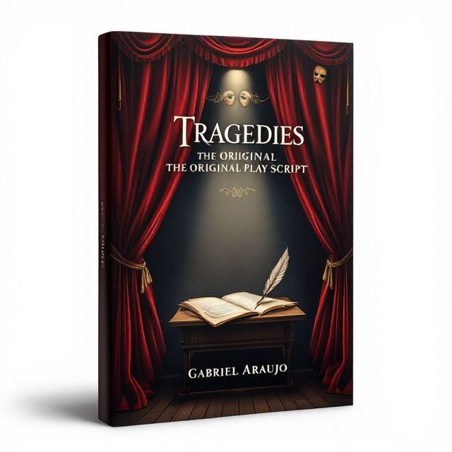 The cover features a stage curtain in deep crimson velvet, partially drawn to reveal a spotlight on an old manuscript and quill pen lying on a vintage wooden podium. The background has muted tones of navy blue and black, creating a dramatic and mysterious atmosphere. Subtle theatrical masks—tragedy and comedy—are embossed faintly into the curtain, adding depth and symbolism.