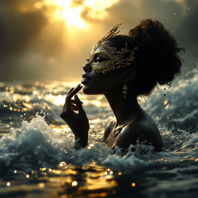 A side-profile silhouette of a black woman emerges from dark, swirling waters. The turbulent waves cascade upward, transitioning into textured mist where sunlight breaks through, creating an ethereal effect. She is lifting a Venetian mask from her face, the intricate mask adorned with gold filigree and pearls, catching the light. Droplets of water sparkle as they drip from both the ornate mask and her serene face. Her eyes reflect determination and peace, while her gentle smile suggests triumph and freedom. Above her, the stormy sky parts dramatically with rays of golden sunlight piercing through, creating chiaroscuro contrasts and bathing her silhouette. The water surface mirrors the turbulent clouds and the sun’s golden glow in a cinematic, baroque-inspired composition.