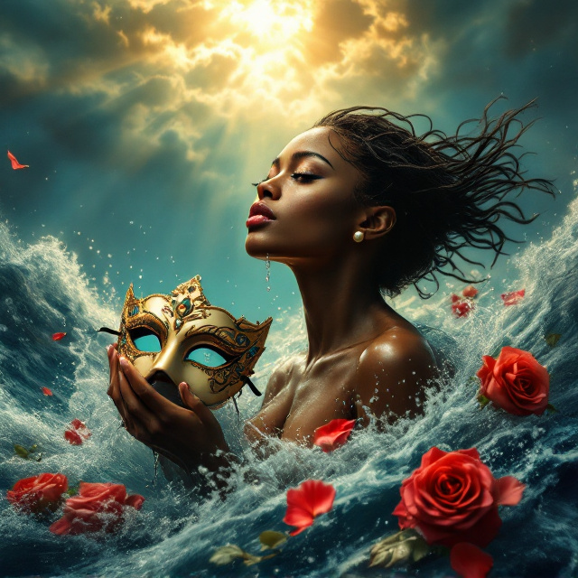 A striking upward-focused profile of a beautiful Black woman emerging from dark, turbulent waters dominates the cover. Her skin, glowing under dramatic sunbeams breaking through the storm clouds above, emphasizes her strength and beauty. She is captured mid-movement, actively pulling away an ornate Venetian mask with both hands. The mask gleams with intricate gold filigree, pearl accents, and teal-blue embellishments, dripping water into the swirling currents around her. Roses in shades of red and pink – some fully bloomed, others half-opened or just petals – are scattered in the dynamic flow of water. Bright light catches the cascading water droplets and rose petals, contrasting against the stormy blues and teals of the background sky. Wind sweeps strands of her natural hair, partially wet and glistening. Above her, textured storm clouds part to reveal a warm, serene golden sky with rays of light forming a halo around her head.