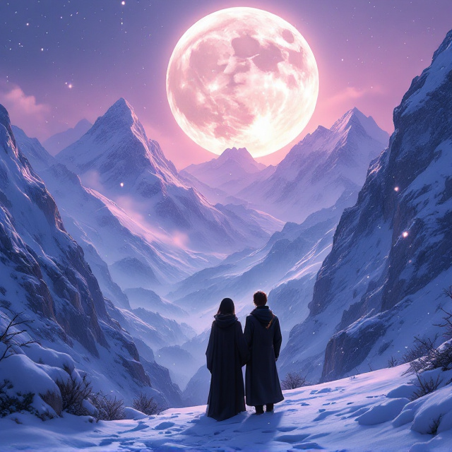 The cover showcases a panoramic view of snow mountains rendered in soft pastel dark blue and pastel purple tones. The two main characters stand side by side in the foreground, with the girl on the left and the boy on the right. The girl's black assassin-like outfit contrasts starkly with the snowy backdrop, while the boy’s slightly gaudy royal attire reflects in subtle golden accents. Their expressions are vivid, with the boy smiling and the girl looking sad, emphasizing their emotional states. A large moon dominates the top half of the scene, casting a gentle glow with a faint purple undertone, subtly illuminating their figures as snowflakes gently fall across the composition.