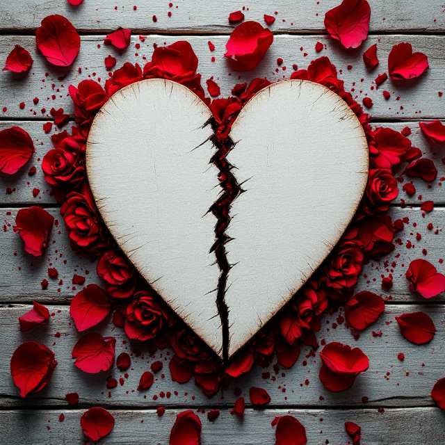 A shattered wooden heart crafted from whitewashed wood lies against a backdrop of blood-stained woodgrain. A vivid, exploded red rose with scattered petals and thorns surrounds the heart. The rose petals fade as they move outward, while subtle shadows and lighting convey an ominous and romantic tone.