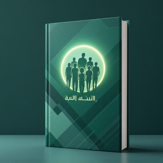 A blend of green and dark blue tones as the primary color palette. The cover showcases abstract geometric patterns originating from the left and extending diagonally across the background in gradient shades. A subtle silhouette of interconnected community figures representing "قدوات عطاء ووفاء للوطن" is centered. A soft glowing ring is placed around the figures to symbolize unity and purpose. Delicate, curved calligraphic strokes frame the edges of the cover to evoke tradition and authenticity.