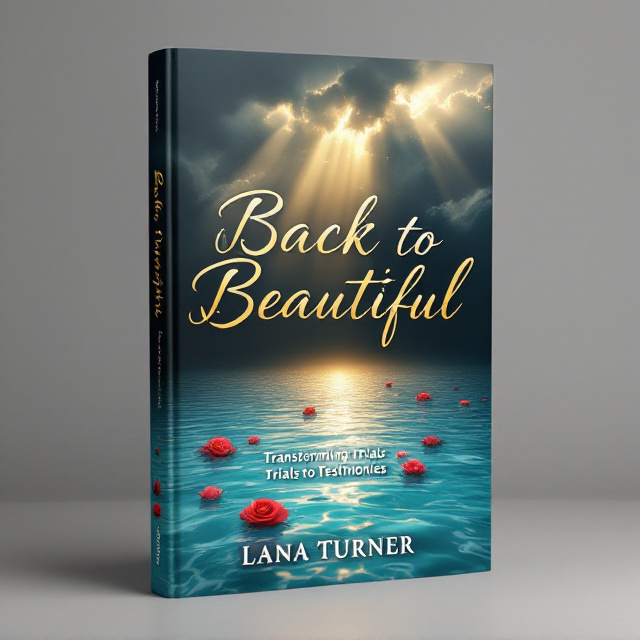 Dark, brooding storm clouds fill the top third of the cover with jagged, turbulent edges cutting across the sky. Golden sunbeams break through in delicate rays, creating a stark and moving contrast against the storm. The middle portion transitions into a serene water surface with soft aqua blue ripples that gradually dissipate into calmness. Scattered floating red and pink roses dot the water, creating pockets of warmth and beauty amidst the ripples. The golden light is reflected on the water’s surface, amplifying the sense of contrast between turmoil and healing. The background transitions from deep indigos at the top to a gentle gradient of soft aqua blue closer to the bottom.