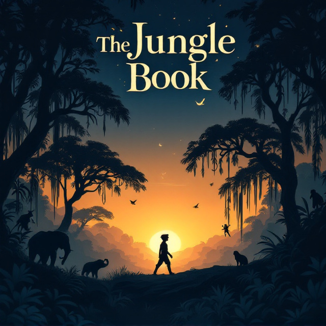 Dark cascading silhouettes of towering trees, hanging vines, and varied forest creatures like elephants, monkeys, and birds form the foreground. Mowgli's figure, in motion and in a minimalist silhouette, is placed centrally. The background features a gradient sky transitioning from deep indigo blue at the top to warm amber at the horizon, evoking twilight. Faint, unobtrusive outlines of Baloo, Shere Khan, and Bagheera are subtly integrated within the trees, creating an air of discovery for attentive observers.