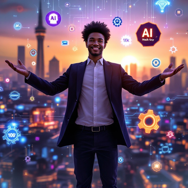 The foreground showcases a confident young African professional (gender-neutral) with arms outstretched, surrounded by floating AI icons. The icons include the ChatGPT logo (glowing with electric blue), a sleek robot arm holding a "10x Productivity" badge, neural networks in Afrofuturist colors, and animated gears. The midground depicts a dynamic cityscape blending Nairobi’s skyline with futuristic holographic billboards and Lagos market stalls bustling with glowing robot activity. Kente cloth patterns subtly weave through the circuitry on multiple surfaces, representing the fusion of African heritage and technological advancements. The background portrays a sunrise over a digital horizon marked by rays of violet, gold, and electric blue gradients.