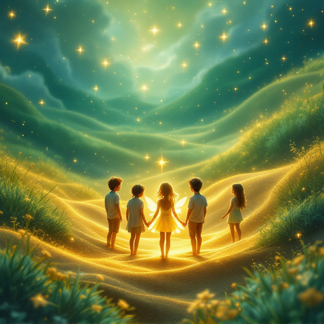 Five children are grouped near the center of the cover, standing around a whimsical sand-fairy that is rising from glowing golden sand. The fairy has an ethereal form with delicate wings glowing softly. Surrounding the characters, lush green fields dotted with mystical stars and wispy pastel clouds dominate the background. Flowing curves create a dreamy, immersive fairy-tale environment from top to bottom.