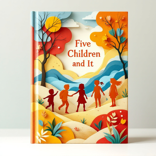 Silhouettes of the five children and It, the sand fairy, delicately carved out of paper in a layered paper-cut style. The figures are shown in a dynamic adventure pose, interacting with textured elements such as sandy hills, swirls of wind, geometric patterns, and playful foliage. Bright contrasting colors like red, blue, yellow, and green are used in a collage method, blending seamlessly to create a whimsical and adventurous scene. The visual style is playful, giving off a handcrafted, creative charm.