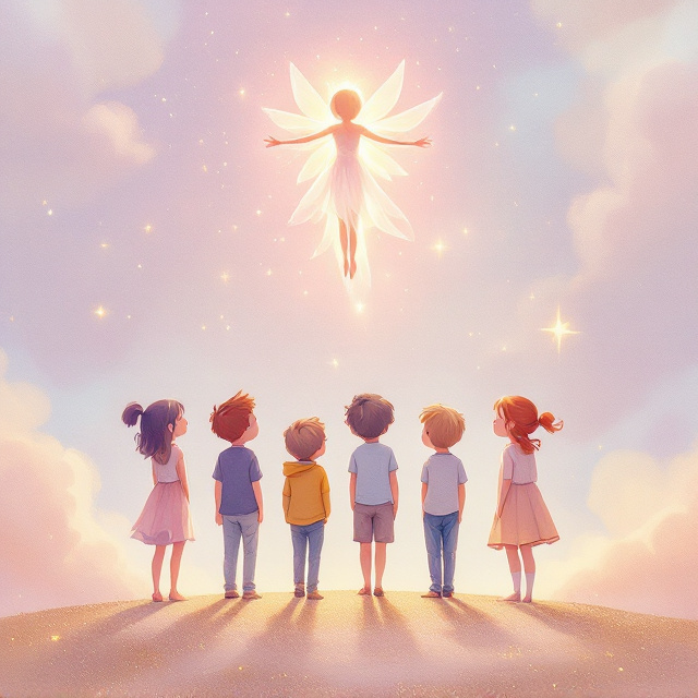 A soft, watercolor-style illustration adorns the cover, with five children—three boys and two girls—standing in a semicircle. Each child is depicted with whimsical, fluid features, wearing simple yet timeless attire. Above them, the sand fairy glows ethereally, with a gently shimmering, translucent form. The fairy floats gracefully, arms extended as if bestowing magic. The background features soft, swirling pastel-hued clouds, glimmering golden sand, and a dreamy lavender-and-light-blue sky infused with peachy highlights. Gentle sparkles and subtle magical swirls complete the scene, creating a visual environment full of wonder.