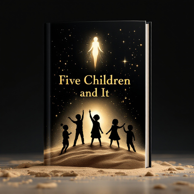 Bold, black silhouettes of the five children in action poses dominate the foreground, scattered asymmetrically to create a sense of movement. The sand fairy appears slightly above and behind them, glowing softly with a golden hue, surrounded by swirling, abstract sand-like patterns and subtle beams of light. The background fades from deep black at the top to a more neutral gradient at the bottom, making the glowing figure of the sand fairy stand out dramatically.