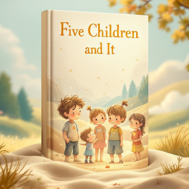 The cover features an enchanting scene with the five children gathered around the Sand Fairy. The Sand Fairy is depicted as a soft, whimsical creature with large expressive eyes and delicate, sparkly swirls of sand surrounding it. The children are rendered in a detailed sketch-like style, each showing different emotions and personalities a curious boy leaning forward, a shy girl standing slightly behind, and a confident child with a wide grin. The background is a soft pastoral setting with light, wispy trees, rolling hills, and fluffy clouds, all done in gentle, sketchy lines.