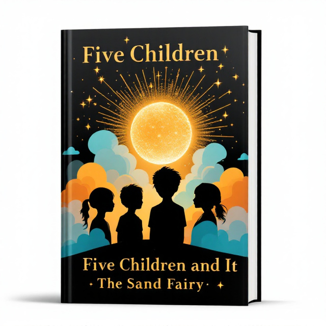 Silhouettes of five children arranged in a semi-circle, alternating colors that distinguish three boys and two girls (e.g., Gold and Electric Blue on Black). At the center, a glowing orb pulsates with golden rays that create a radial effect, symbolizing the sand fairy. Abstract shapes resembling sand dunes rise subtly in the background, blending with cloud-like patterns. The overall aesthetic is bold yet minimal, with sharp contrasts between the key colors.