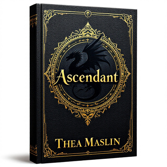 A textured black dragon scale background occupies the entirety of the cover. Gold framework, designed in intricate scrollwork and filigree patterns, frames the cover, giving it an ancient, regal look. At the center, a golden circular medallion highlights the silhouette of a majestic black dragon poised mid-flight, facing sideways, with its wings partially outstretched. The dragon silhouette shimmers subtly in the light, as if etched into the medallion. "Ascendant" runs across the center in large, golden script letters. At the bottom, the author name, "Thea Maslin," appears embossed in gold with a smaller font size.