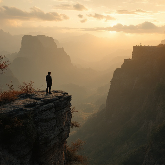 A solitary figure standing on a cliff overlooking a serene valley, bathed in soft evening light. Shadows from the figure and the surrounding rocky terrain merge into the deep brown tones of the scene. The sky is tinged with subtle amber hues and scattered with wispy clouds. Sparse foliage and dry leaves are scattered throughout the cliffside to evoke a feeling of quiet introspection.