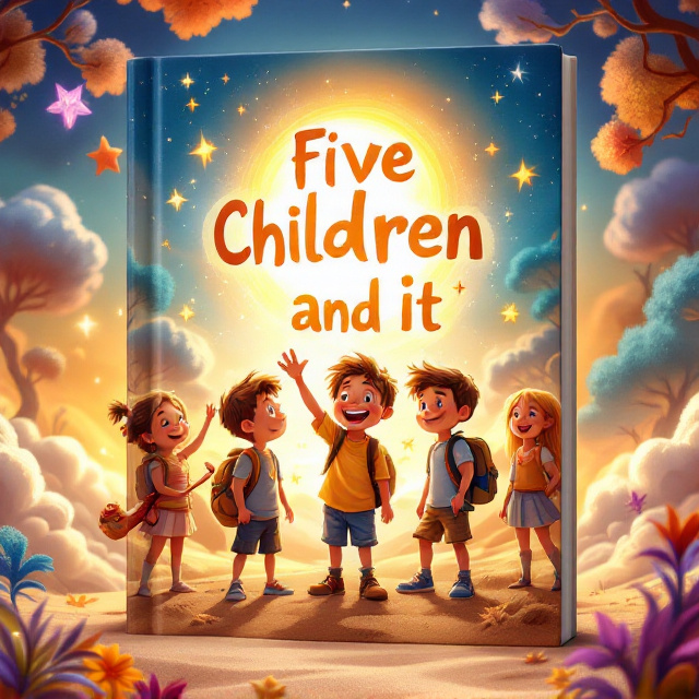 Bright, exaggerated cartoon characters—three boys and two girls—each posing dynamically to show unique personalities one boy holding a slingshot, another waving excitedly, and the third carrying a backpack; one girl laughing joyfully, and another observing curiously. The Sand Fairy sits at the center surrounded by swirling sand clouds, sparkling stars, and glowing details. The backdrop features glowing dunes under a radiant bright sun with whimsical, vibrantly colored trees dotted with fantasy elements.