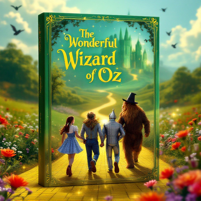 The book cover features Dorothy, the Scarecrow, Tin Man, and Cowardly Lion walking along a glowing Yellow Brick Road, surrounded by an enchanting green meadow with vibrant flowers. The background transitions into a soft blue sky filled with clouds. The Emerald City is visible in the distance, glistening with emerald greens and golden highlights. The Wicked Witch is subtly shown in the background, with flying monkeys swooping over the landscape. Magic sparkles accent the scenery.