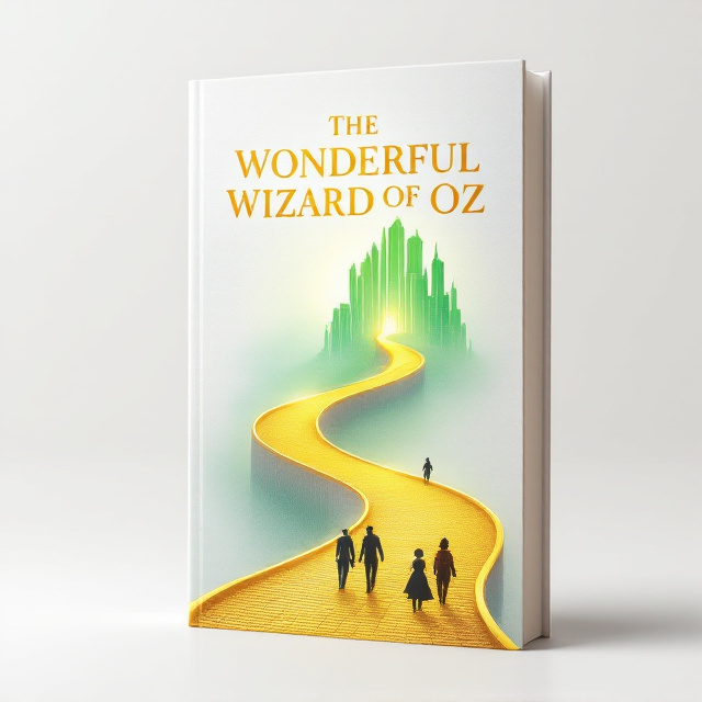 A crisp white background with a golden, winding Yellow Brick Road that curves upward toward the glowing Emerald City in the distance. The Emerald City is rendered in soft green tones, with a magical, radiant aura emanating from it. At the bottom edge, small, minimalist black silhouettes of Dorothy, the Scarecrow, the Tin Man, and the Cowardly Lion are walking together.