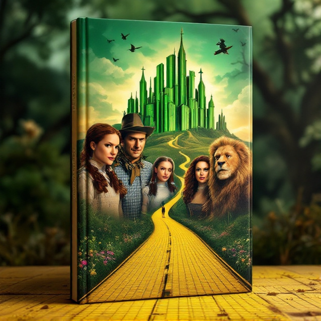 A dynamic composition featuring the larger-than-life portraits of Dorothy, the Scarecrow, Tin Man, and Cowardly Lion arranged in a classic movie poster style, with dramatic shadows and highlights enhancing their character traits. The Yellow Brick Road curves artistically toward the looming Emerald City in the background. An ominous sky hints at fantasy adventure, dotted with the silhouette of the Wicked Witch on her broomstick and her flying monkeys.