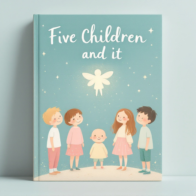 Simple cartoon-style drawings of the five children—three boys and two girls—are playfully arranged in the center of the cover. Each child has exaggerated, friendly facial features, dressed in clothes of soft pastel colors like light pink, mint green, and soft yellow. Hovering near the children is a minimal, glowing representation of the sand fairy. Soft, gentle outlines define the characters, surrounded by small magical sparkles and floating sand.