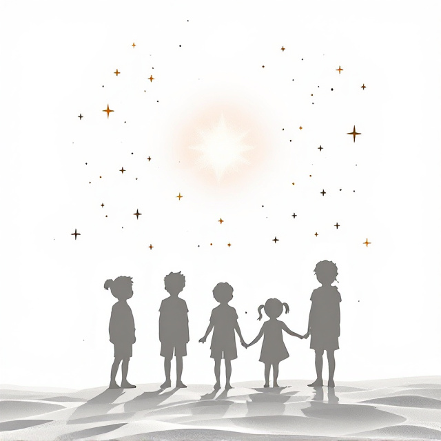 Silhouettes of five children—three boys and two girls—are subtly layered against a pristine white background. The figures are crafted in soft shades of gray, capturing their playful curiosity and innocence. Above them, a faint shimmer suggests the presence of the sand fairy, woven into the cover as a gentle, abstract glowing shape. Scattered around are minimalist icons—stars, sand dunes, and subtle glows—emphasizing the magical elements and exoticism of the narrative.