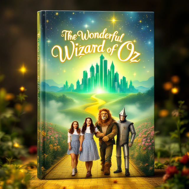 The cover features Dorothy, the Scarecrow, the Tin Man, and the Cowardly Lion at the center, positioned slightly above the Yellow Brick Road as it winds its way towards the Emerald City, which glows ethereally in the background. The sky above them is awash with magical mist and twinkling stars, creating a dreamlike ambiance. The characters' expressions are joyous and hopeful, reflecting the whimsy and magic of their journey. Soft pastel hues of light green, lavender, and light yellow blend seamlessly into the scenery, adding to the enchanting atmosphere.