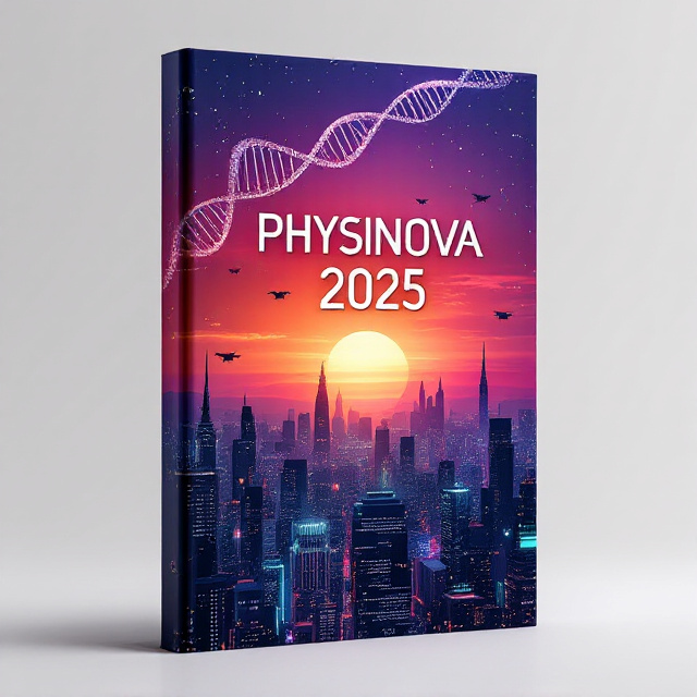 The cover features a futuristic cityscape with advanced technology elements such as hovering drones and digital holograms. The skyline is silhouetted against a vibrant sunset with a gradient blending from orange to deep purple, symbolizing innovation. Above the city, an abstract DNA helix made of shimmering pixels arches across the top, hinting at scientific advancements.