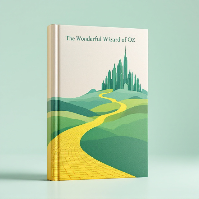 A minimalist, abstract depiction of the Yellow Brick Road (winding across the cover), leading to the distant, geometric outline of the Emerald City. The background incorporates silhouettes of the main characters subtly forming part of the landscape with simple, flowing lines. Negative space is utilized to evoke the enchantment of Oz.