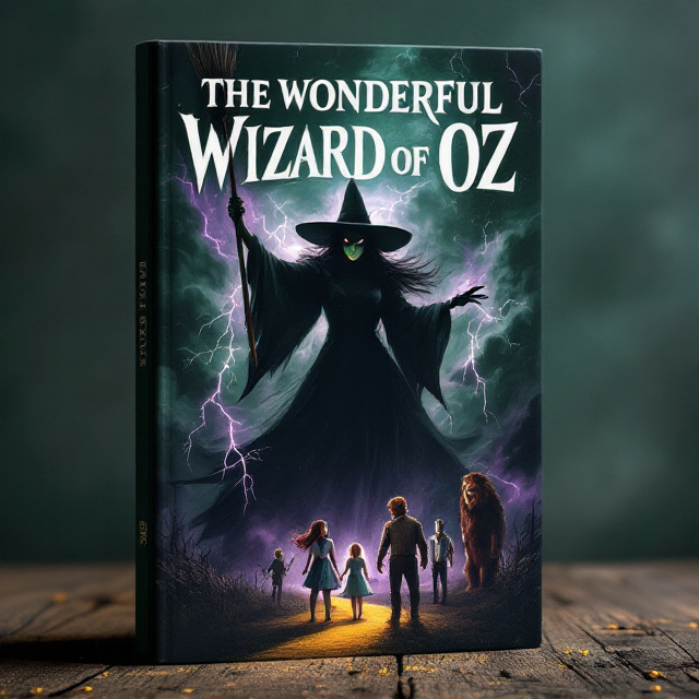 The cover features a dynamic and dramatic scene at its center, presenting the Wicked Witch of the West in a powerful, threatening pose. Her broomstick is raised high, and she is enveloped by dark storm clouds swirling with magical lightning, casting ominous shadows. Below her, Dorothy stands bravely alongside the Scarecrow, Tin Man, and Cowardly Lion, their expressions a mix of awe and fear, emphasizing the tension of the moment. Dark greens and blacks dominate the background, with hints of purple swirling in the clouds, while a bold yellow path or light cuts through the darkened landscape, symbolizing the Yellow Brick Road.
