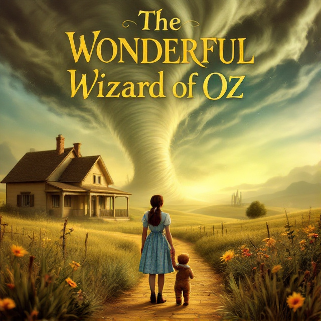 Dorothy and Toto stand in front of their simple Kansas home, exuding a sense of warmth and nostalgia. The background features a swirling tornado beginning to form, setting an ominous yet captivating scene. In the distance, a subtle green glow hints at the magical world of Oz, providing intrigue and depth. The cover is dominated by warm earth tones, with soft browns, yellows, and hints of green blending harmoniously.