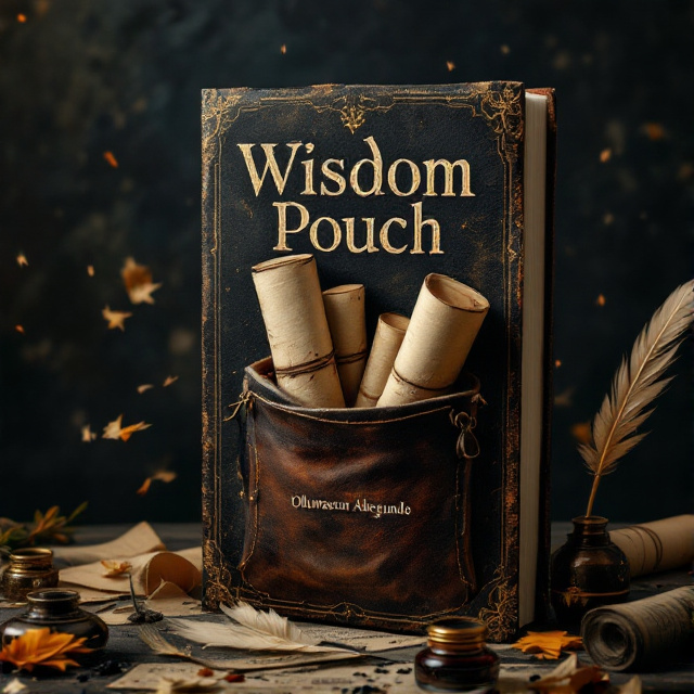 A dark, textured background resembling ancient parchment. Front and center is a weathered leather pouch partially open, with a couple of scrolls peeking out. Around the pouch, scattered are a few ink-stained quills and an ornate inkwell. Slight shadows and highlights create a sense of depth and mystery.