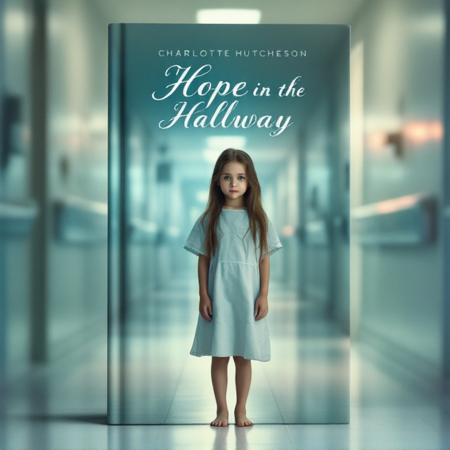 The cover features a softly lit hospital hallway extending into the distance, subtly blurred to focus attention on a young girl standing in the center. The girl, with long brown hair and striking green eyes, is dressed in a simple hospital gown. She stands barefoot, capturing a sense of vulnerability. Her expression conveys a mix of sadness and longing as she looks out towards the viewer. The lighting provides a gentle glow around her, enhancing the feeling of hope amidst despair. The background is kept minimal, with soft, muted colors to emphasize the girl’s emotions.