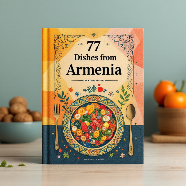 A minimalist yet colorful design featuring a mix of traditional Armenian motifs and modern geometric patterns. The central focus is a vibrant illustrated dish resembling traditional Armenian food, with intricate folk-inspired patterns surrounding it. The background fades seamlessly from warm hues like orange and gold to cooler tones like deep blue, evoking a sense of warmth and tradition.