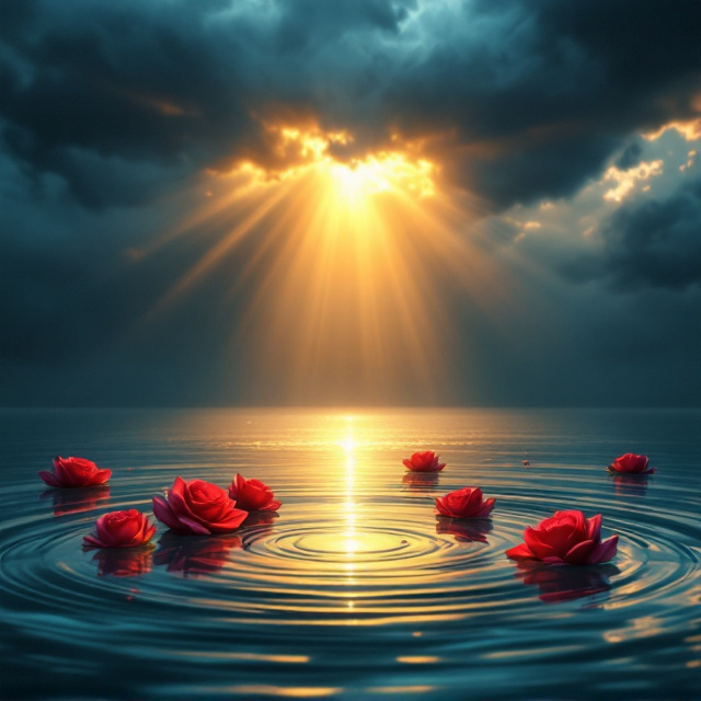 Imposing dark storm clouds dominate the upper portion of the scene, with golden sunbeams piercing through the darkness, symbolizing hope and healing. These rays of light reflect brilliantly on a serene body of water in the foreground, where red and pink roses float gracefully. Ripples extend outward from the center, transforming from chaotic patterns to peaceful, concentric circles. The color palette transitions from deep blues and indigos in the storm clouds to softer, healing aqua blues in the water, with a warm golden glow reflecting on the surface.